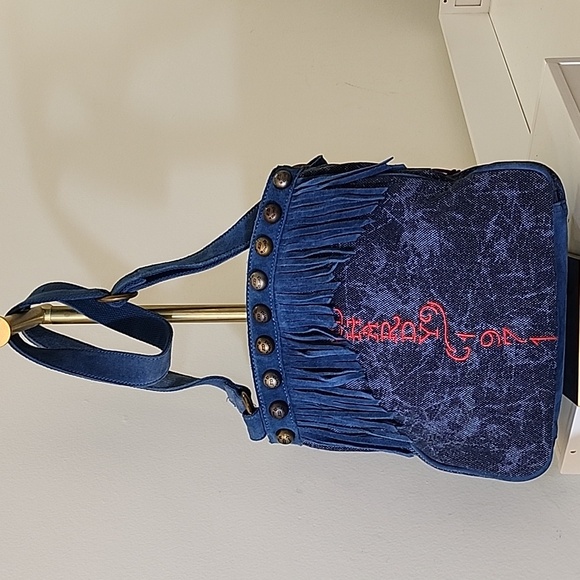 Ed Hardy Handbags - Ed Hardy Vintage Navy Felicia  Denim and Suede  Fringe Bag  Red Accents Rare-